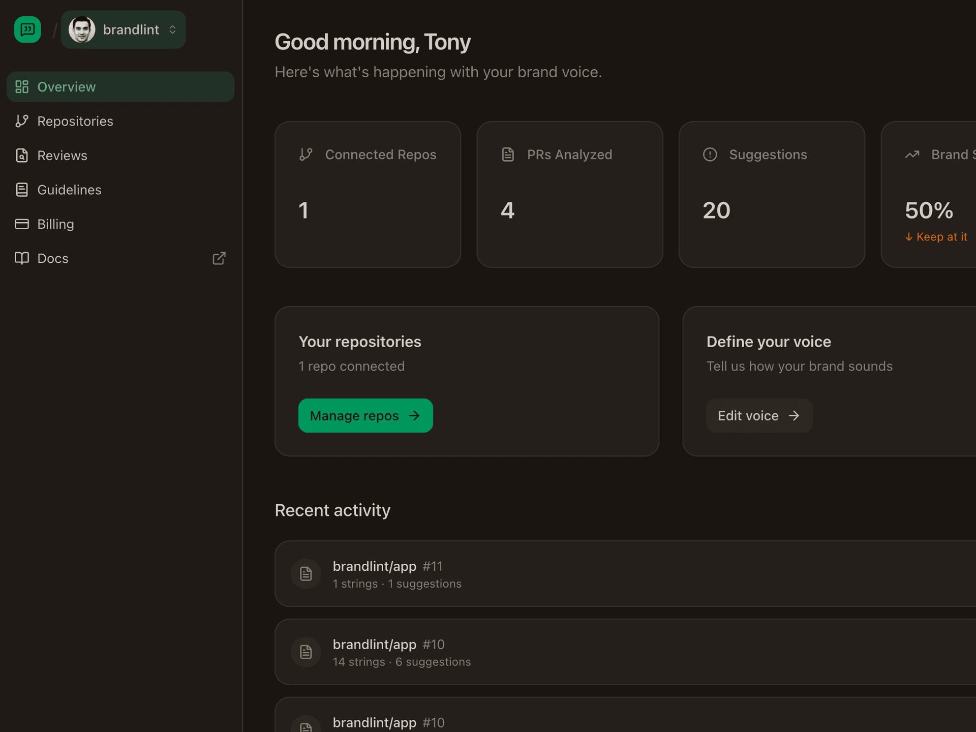 Brandlint dashboard showing PR reviews across repos