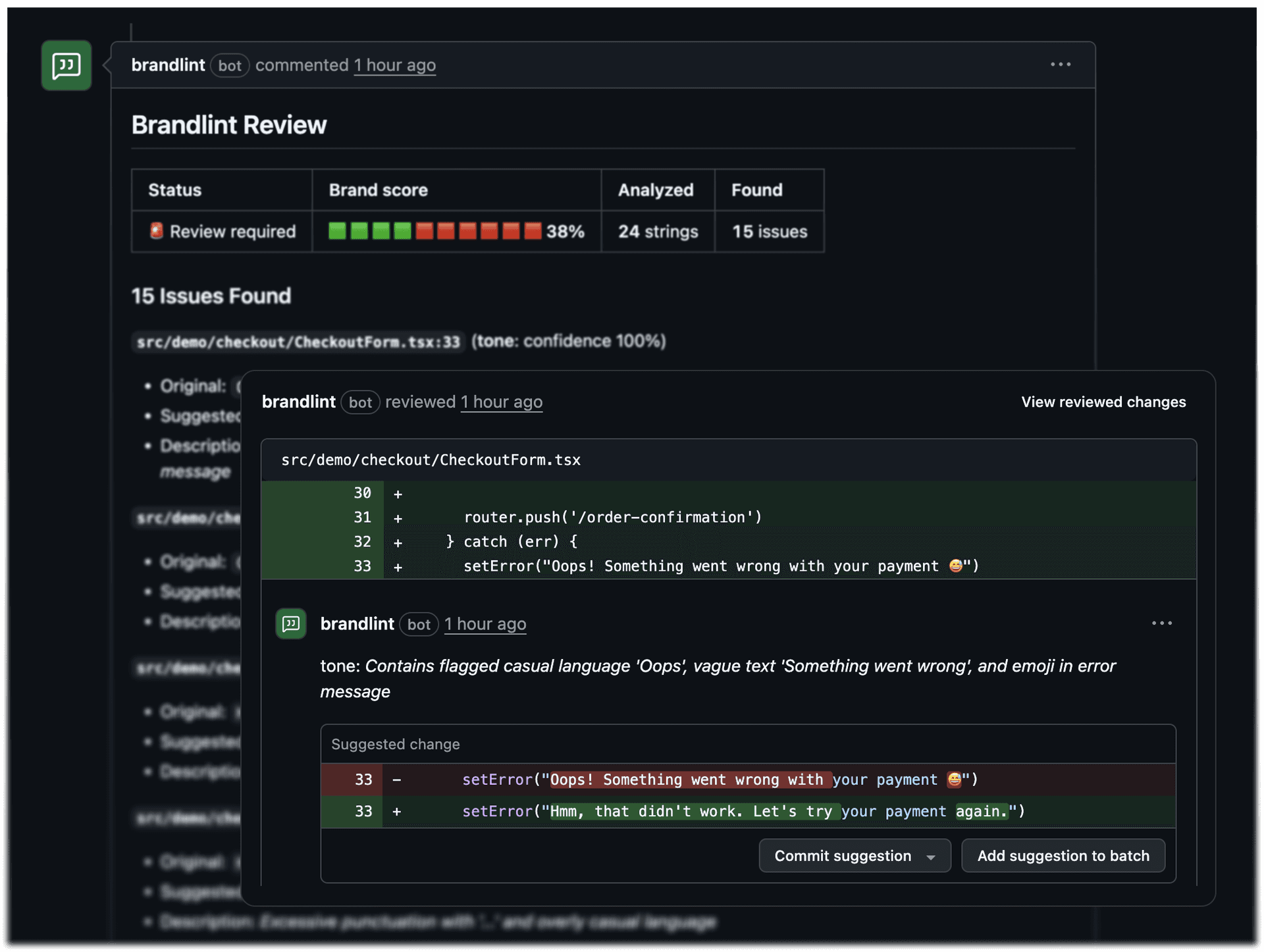 Brandlint GitHub integration showing PR review suggestions