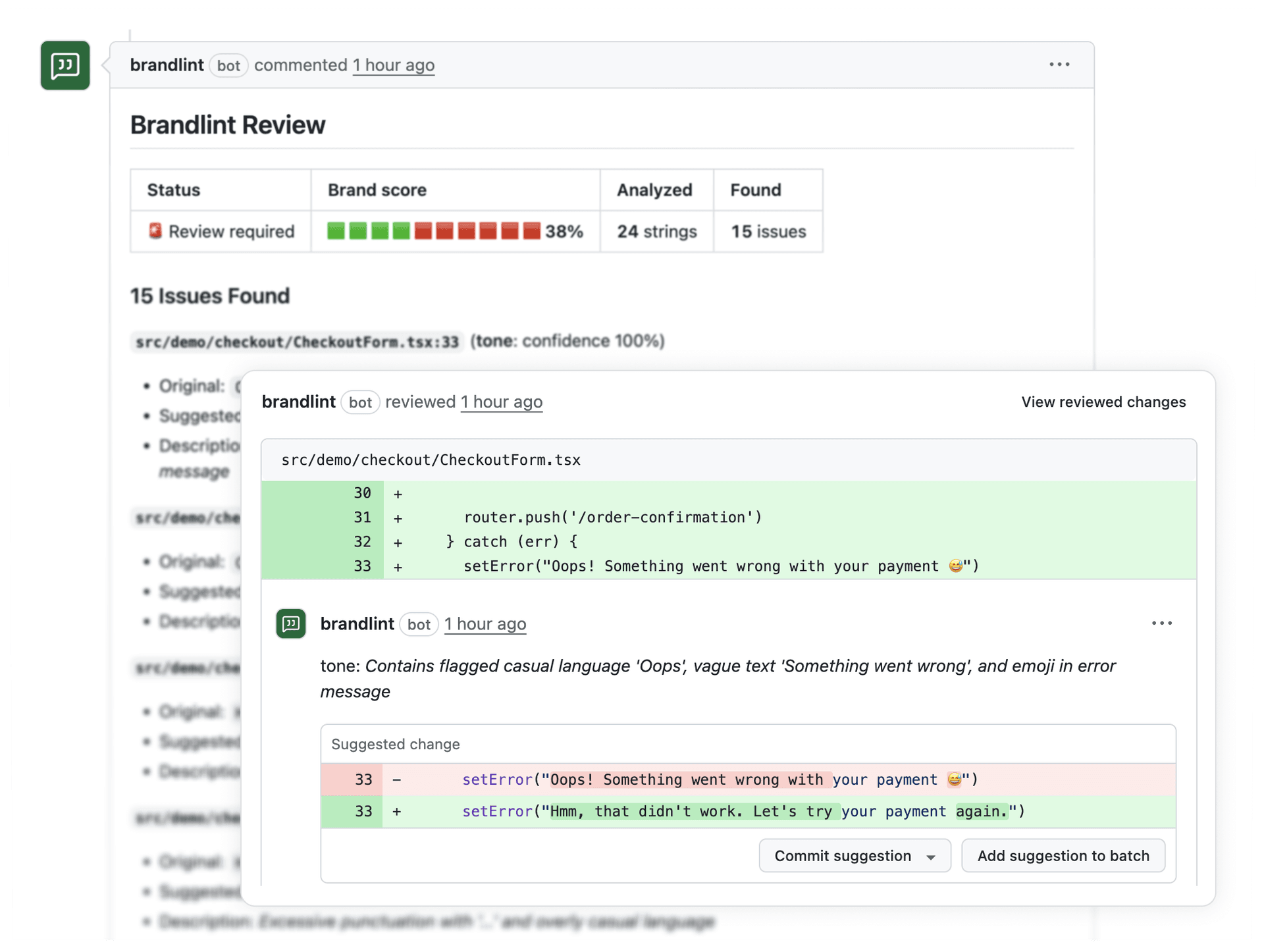 Brandlint GitHub integration showing PR review suggestions
